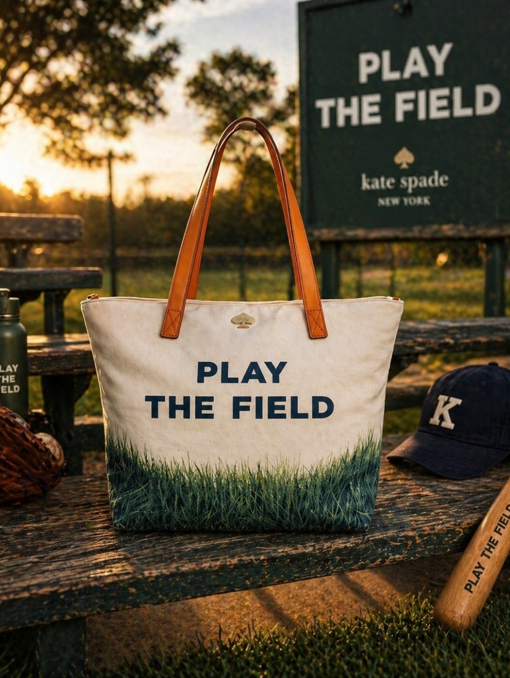 kate spade PLAY THE FIELD Canvas Tote in Cream with Orange Handles